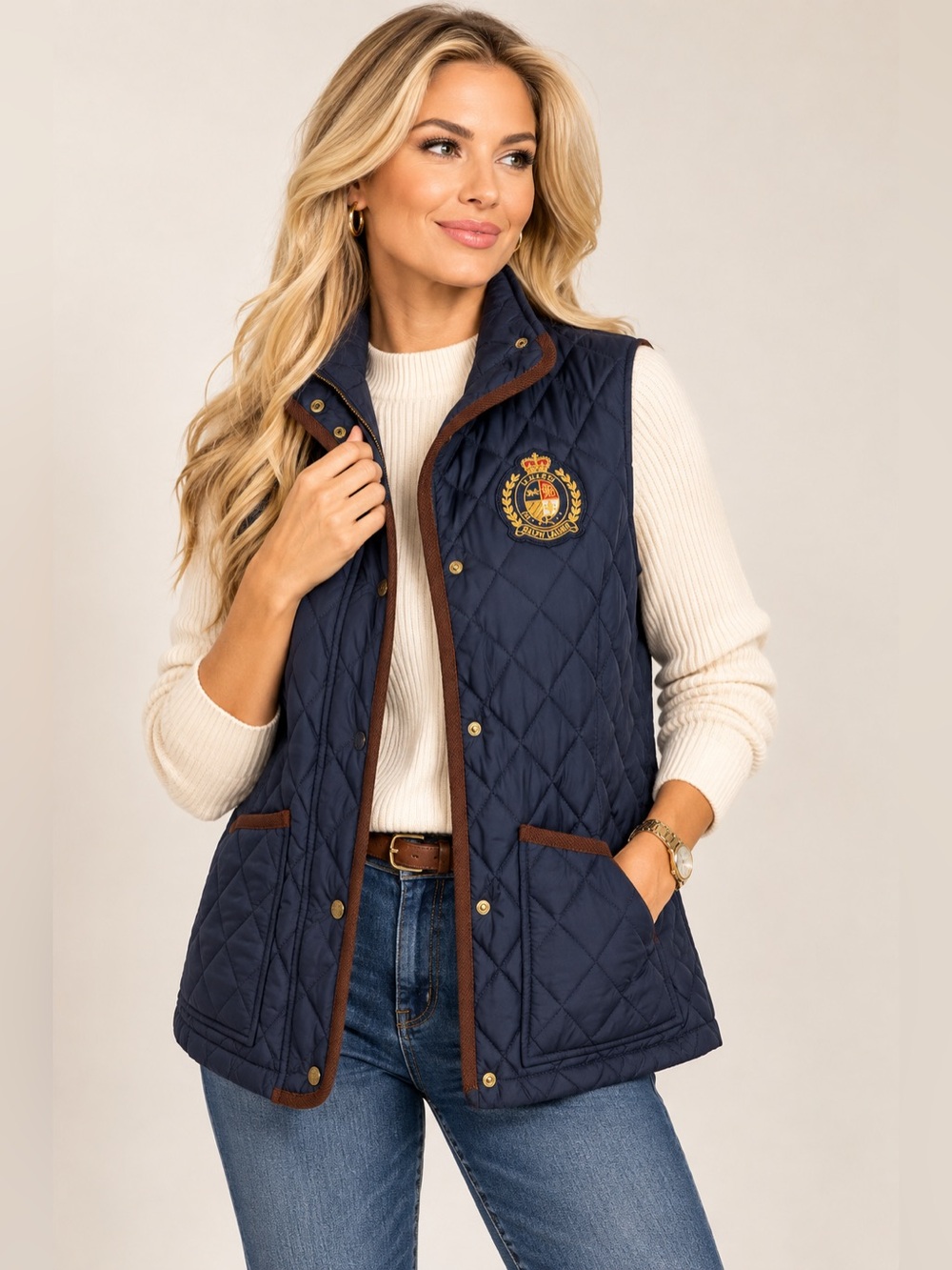 Lauren Ralph Lauren Navy Quilted Vest with Brown Trim and Crest Preppy Size M